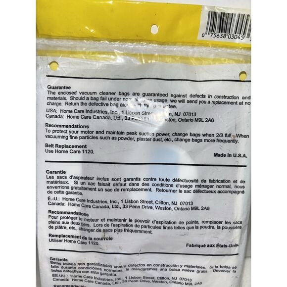 Home Care 3 Vacuum Bags 3045 Style U For Eureka White-Westinghouse 2030 New - Picture 5 of 5